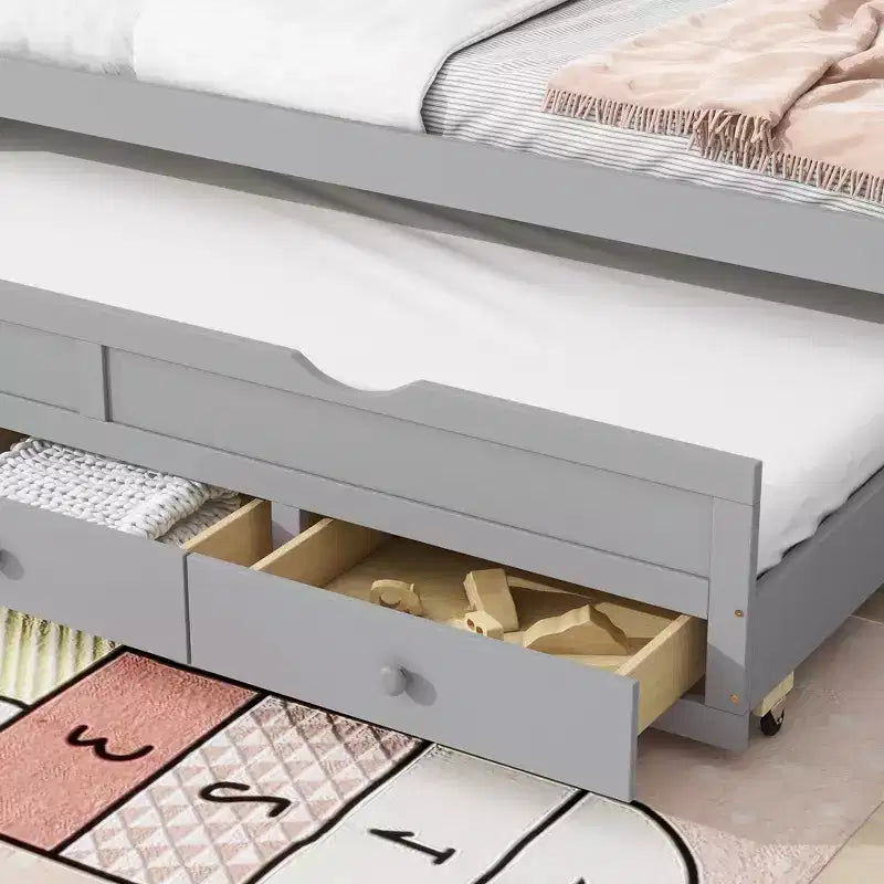 Twin Size Pine Wood Bed with Headboard, Footboard, Trundle and Three Storage Drawers