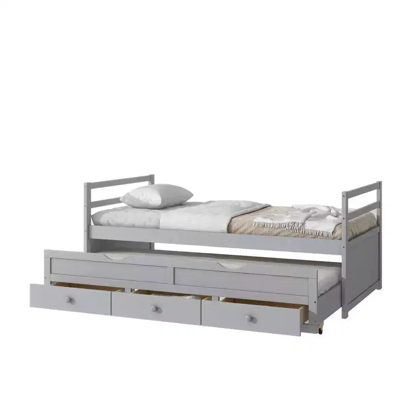 Twin Size Pine Wood Bed with Headboard, Footboard, Trundle and Three Storage Drawers