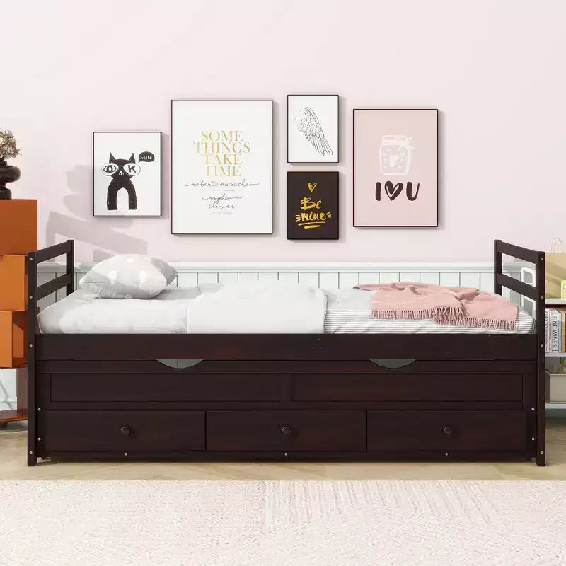 Twin Size Pine Wood Bed with Headboard, Footboard, Trundle and Three Storage Drawers