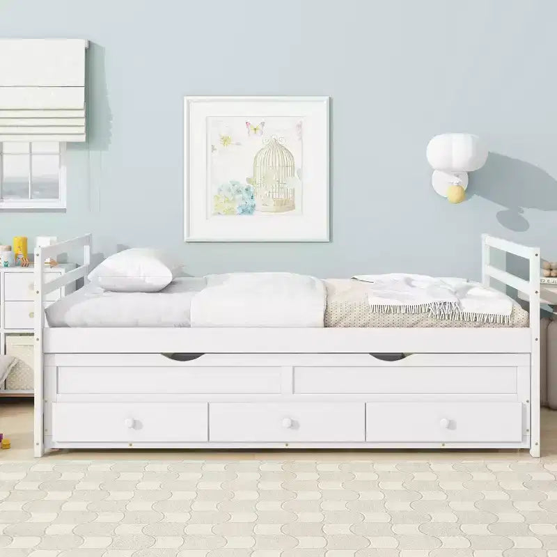 Twin Size Pine Wood Bed with Headboard, Footboard, Trundle and Three Storage Drawers