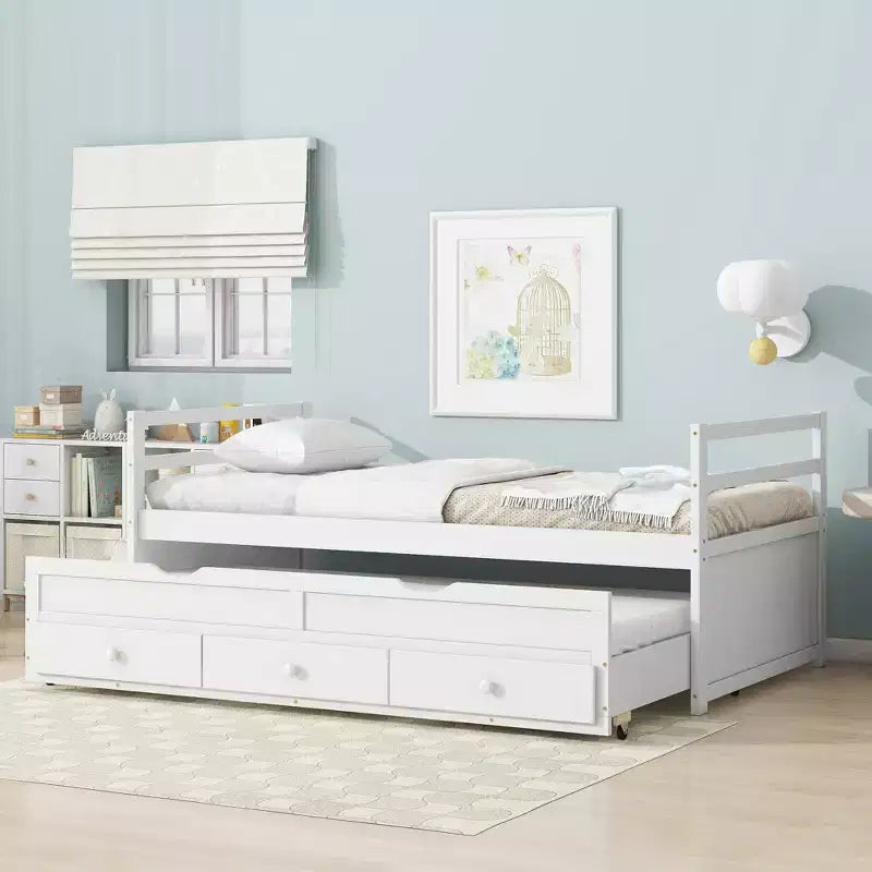 Twin Size Pine Wood Bed with Headboard, Footboard, Trundle and Three Storage Drawers