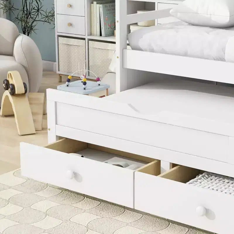 Twin Size Pine Wood Bed with Headboard, Footboard, Trundle and Three Storage Drawers