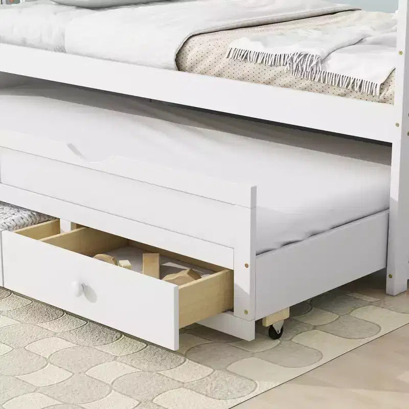 Twin Size Pine Wood Bed with Headboard, Footboard, Trundle and Three Storage Drawers