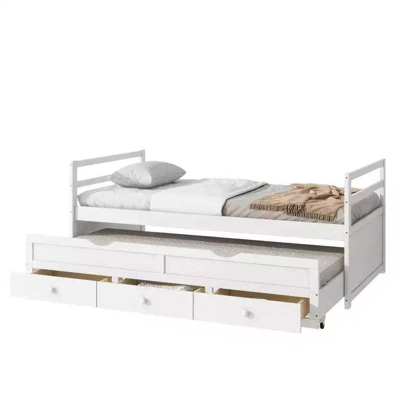 Twin Size Pine Wood Bed with Headboard, Footboard, Trundle and Three Storage Drawers