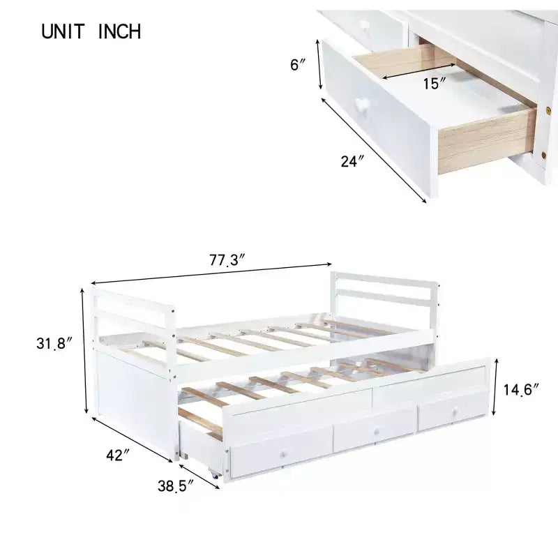 Twin Size Pine Wood Bed with Headboard, Footboard, Trundle and Three Storage Drawers