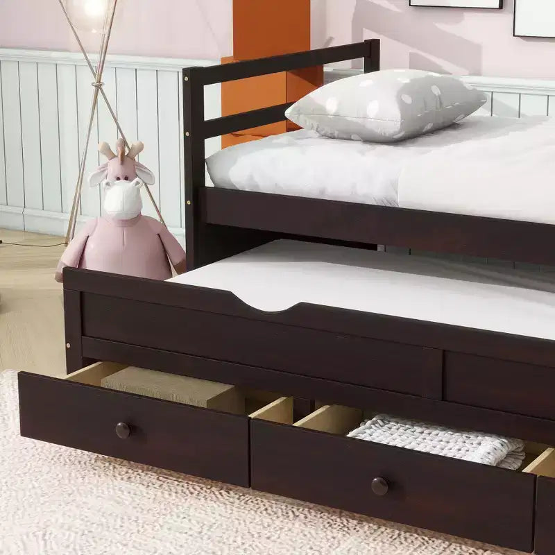 Twin Size Pine Wood Bed with Headboard, Footboard, Trundle and Three Storage Drawers