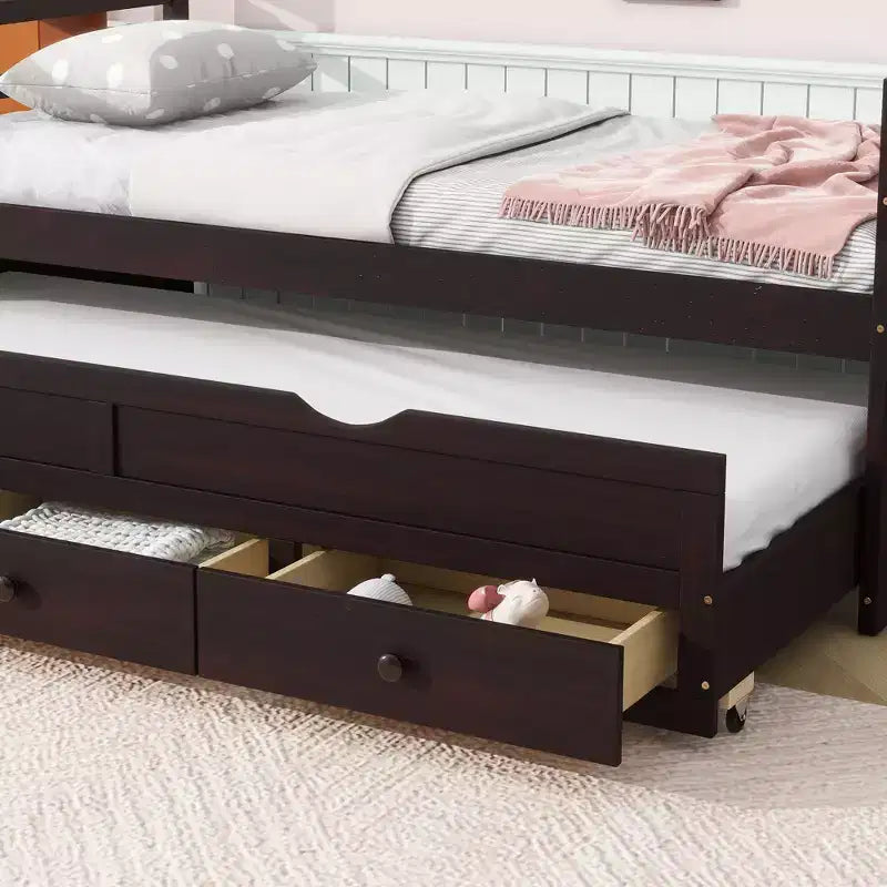 Twin Size Pine Wood Bed with Headboard, Footboard, Trundle and Three Storage Drawers