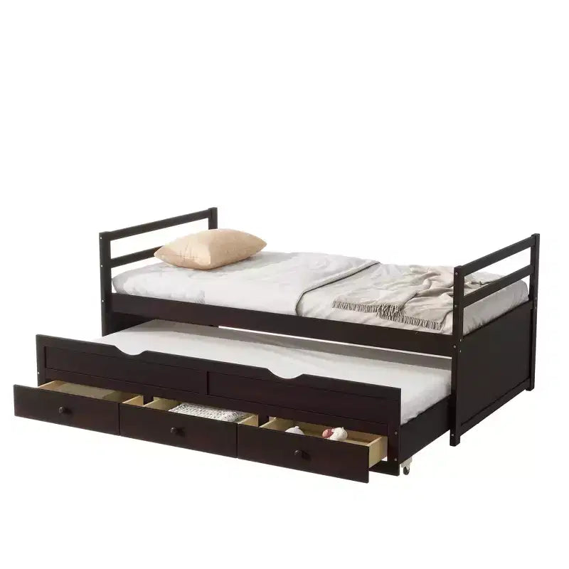 Twin Size Pine Wood Bed with Headboard, Footboard, Trundle and Three Storage Drawers
