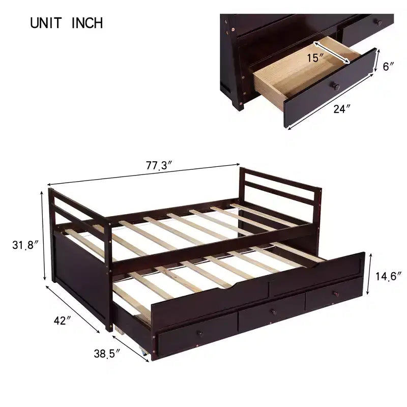 Twin Size Pine Wood Bed with Headboard, Footboard, Trundle and Three Storage Drawers