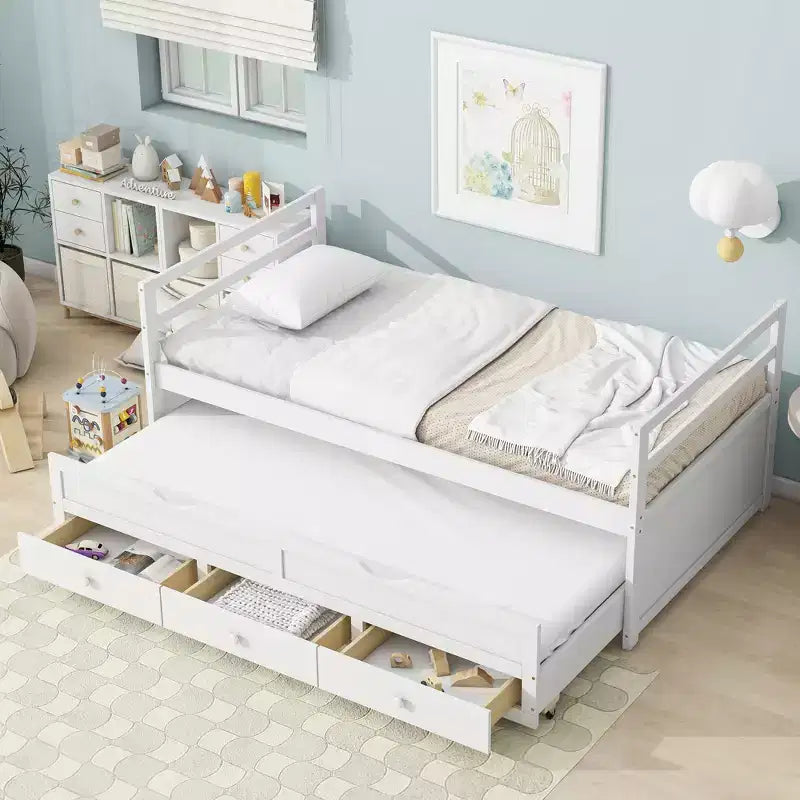 Twin Size Pine Wood Bed with Headboard, Footboard, Trundle and Three Storage Drawers