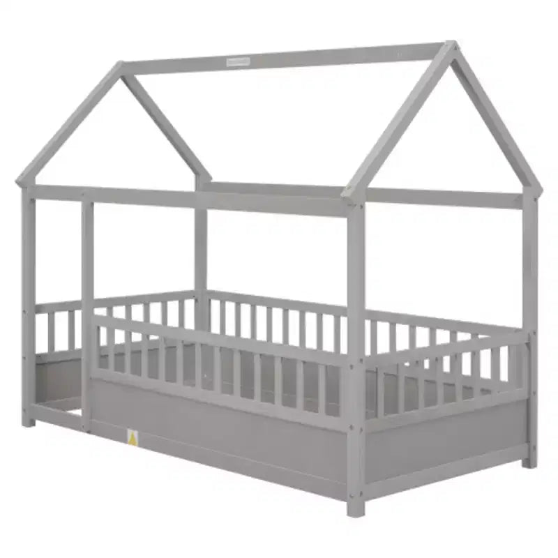 Wooden Single-Occupant Bed with Low-Profile Design, House Roof Frame, and Fence-Style Guardrails