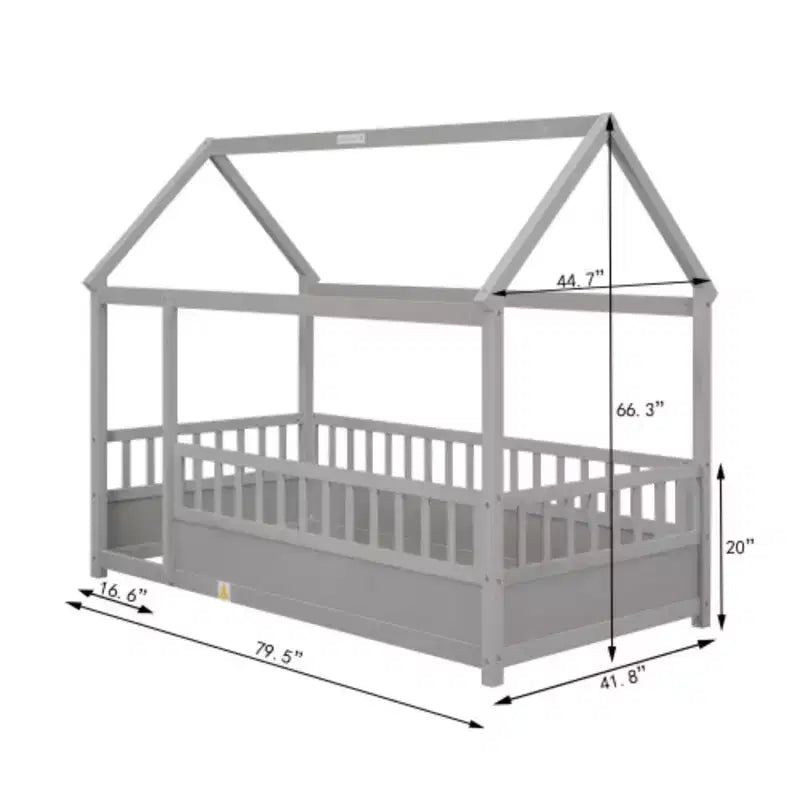 Wooden Single-Occupant Bed with Low-Profile Design, House Roof Frame, and Fence-Style Guardrails