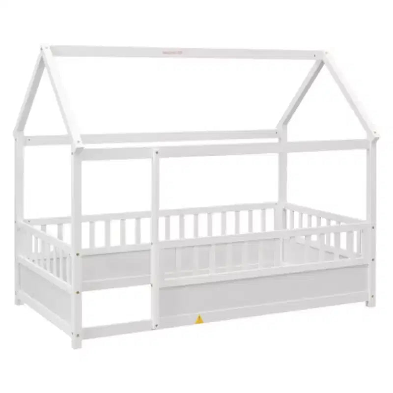 Wooden Single-Occupant Bed with Low-Profile Design, House Roof Frame, and Fence-Style Guardrails