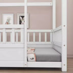 Letto singolo in legno, design ribassato, struttura con tetto a casetta e sponde di sicurezza in stile recinzione