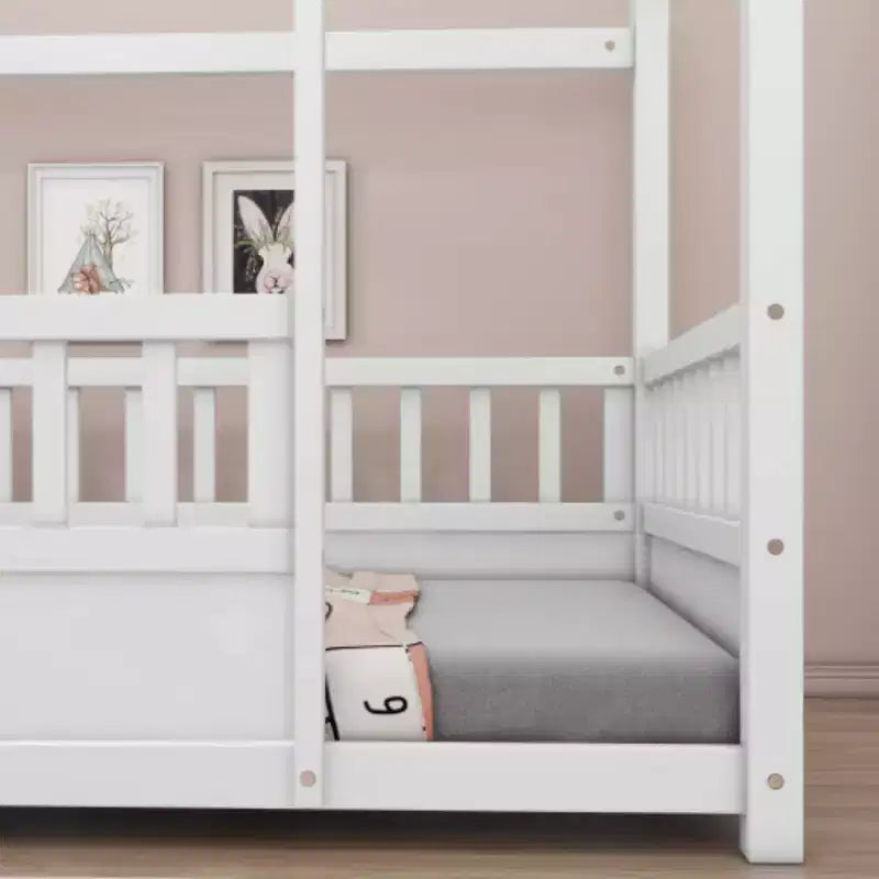 Wooden Single-Occupant Bed with Low-Profile Design, House Roof Frame, and Fence-Style Guardrails