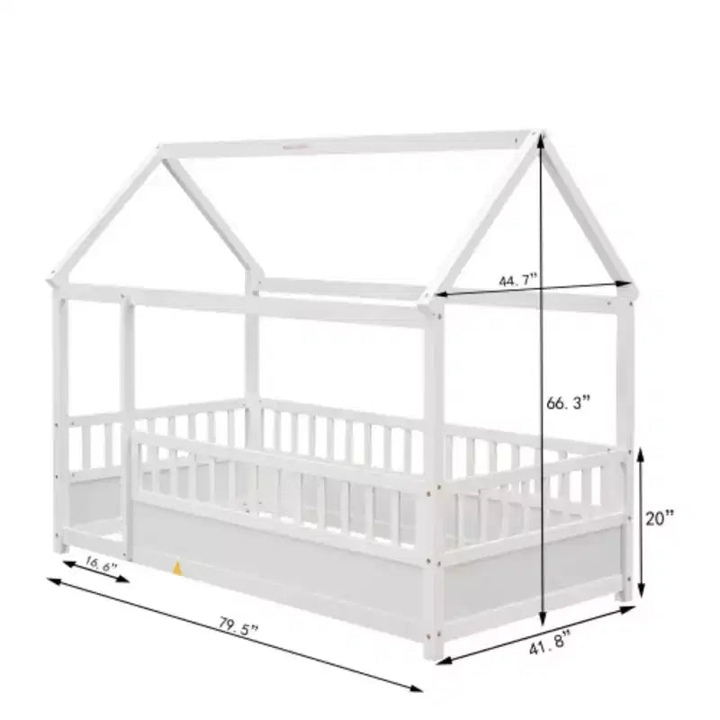 Wooden Single-Occupant Bed with Low-Profile Design, House Roof Frame, and Fence-Style Guardrails