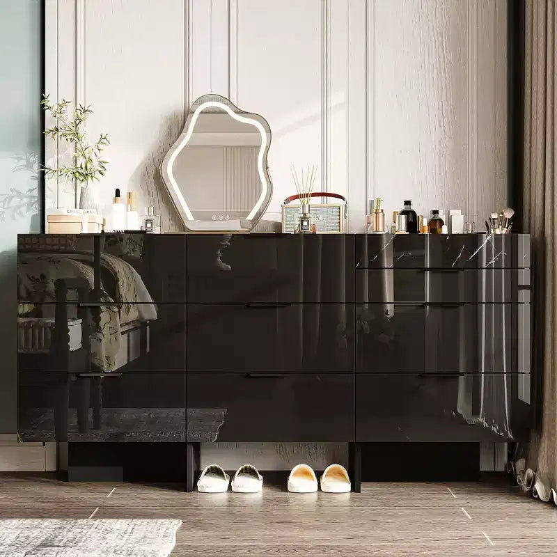 Gloss Dresser with Marble Accents 6 Drawers Storage Cabinet for Bedroom, Living Room, and Kitchen