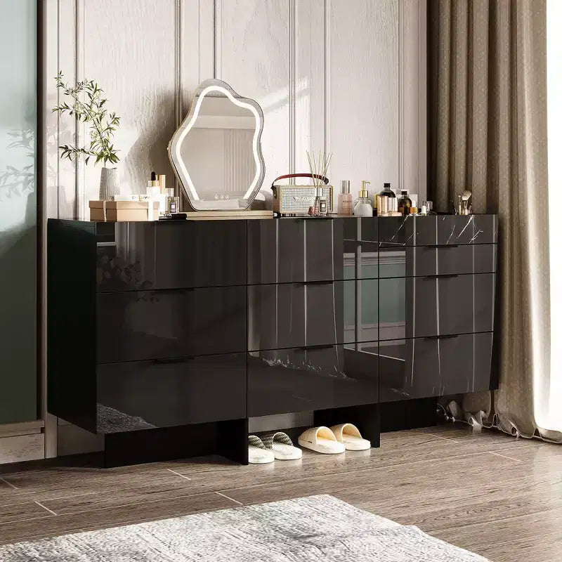 Gloss Dresser with Marble Accents 6 Drawers Storage Cabinet for Bedroom, Living Room, and Kitchen