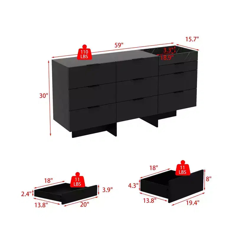Gloss Dresser with Marble Accents 6 Drawers Storage Cabinet for Bedroom, Living Room, and Kitchen