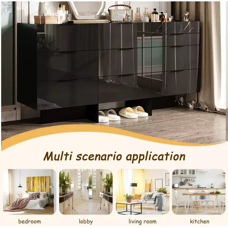 Gloss Dresser with Marble Accents 6 Drawers Storage Cabinet for Bedroom, Living Room, and Kitchen