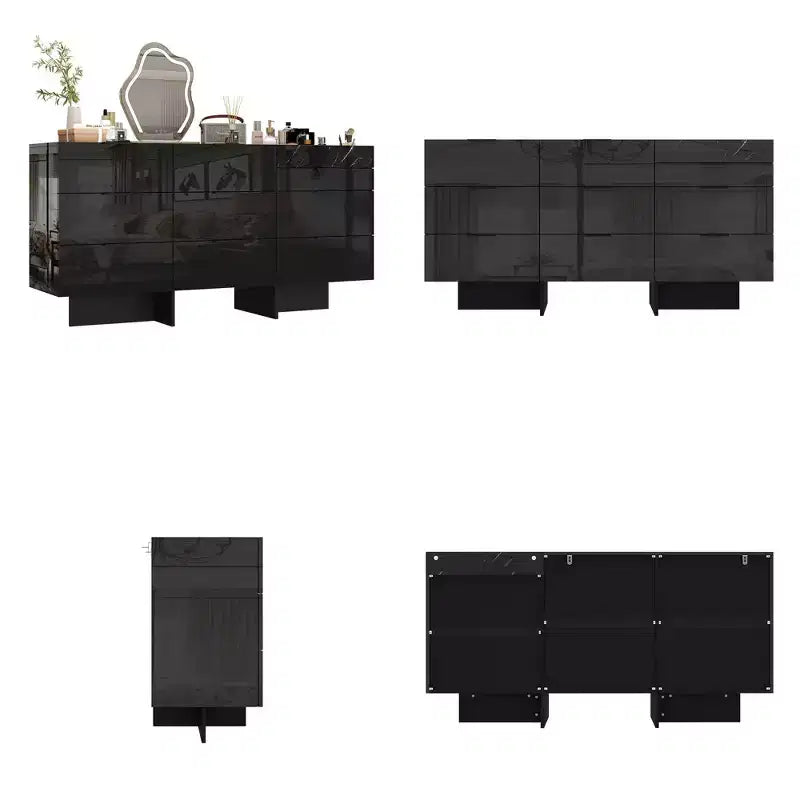 Gloss Dresser with Marble Accents 6 Drawers Storage Cabinet for Bedroom, Living Room, and Kitchen