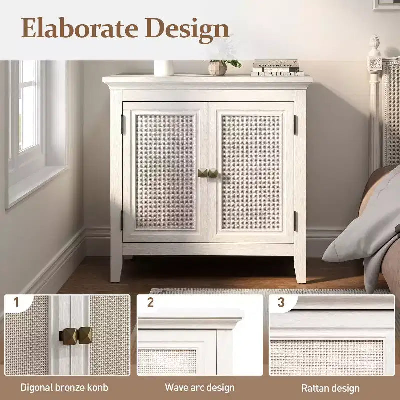 Storage Cabinet, Kitchen Sideboard Cabinet with Rattan Decor Doors, Accent Buffet Cabinet with Adjustable Storage Shelf