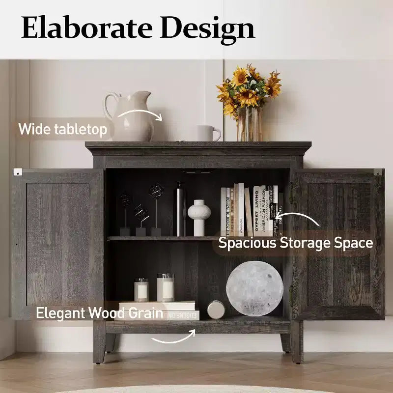 Storage Cabinet, Kitchen Sideboard Cabinet with Rattan Decor Doors, Accent Buffet Cabinet with Adjustable Storage Shelf