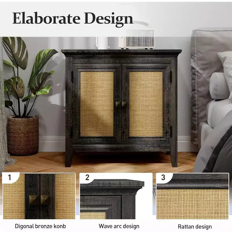 Storage Cabinet, Kitchen Sideboard Cabinet with Rattan Decor Doors, Accent Buffet Cabinet with Adjustable Storage Shelf