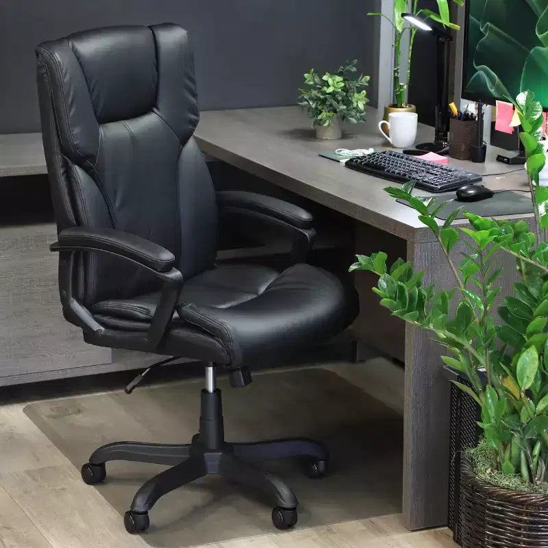 High Back Adjustable Faux Leather Office Chair in Black and Black Base