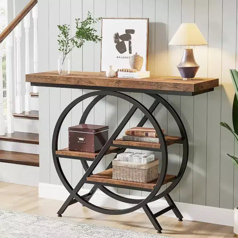 4-Tier Console Table, 39.37-Inch Entryway Table with Storage Shelves, Sofa Table with Geometric Metal Frame