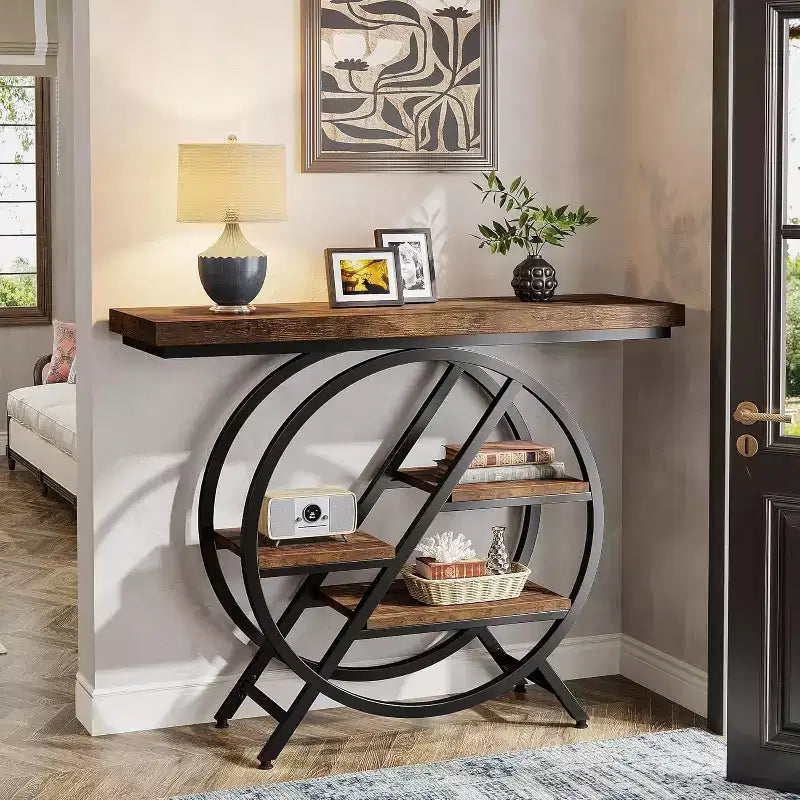 4-Tier Console Table, 39.37-Inch Entryway Table with Storage Shelves, Sofa Table with Geometric Metal Frame