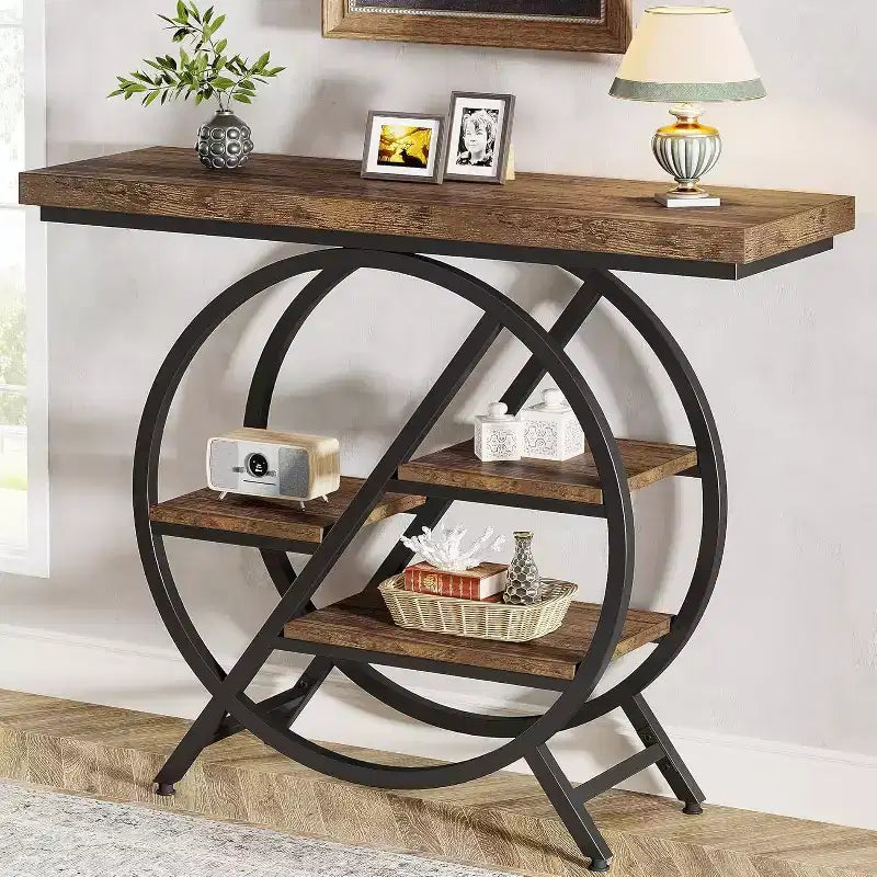 4-Tier Console Table, 39.37-Inch Entryway Table with Storage Shelves, Sofa Table with Geometric Metal Frame