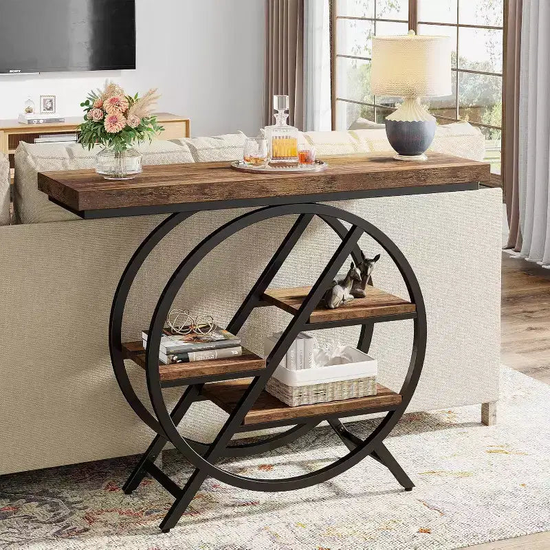 4-Tier Console Table, 39.37-Inch Entryway Table with Storage Shelves, Sofa Table with Geometric Metal Frame