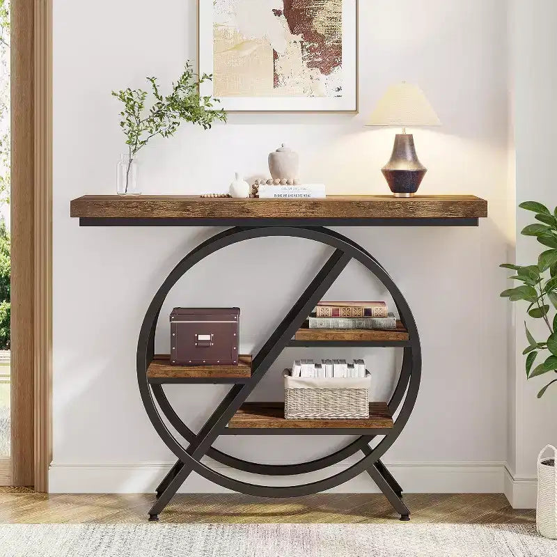 4-Tier Console Table, 39.37-Inch Entryway Table with Storage Shelves, Sofa Table with Geometric Metal Frame