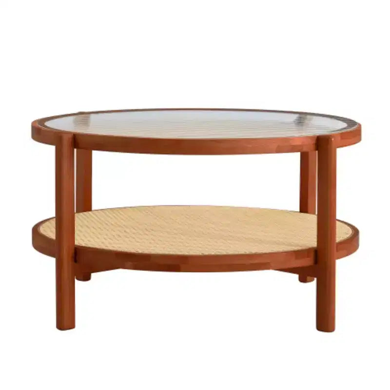 Modern minimalist circular double-layer solid wood coffee table, craft glass tabletop, second layer material: PE rattan, solid wood frame