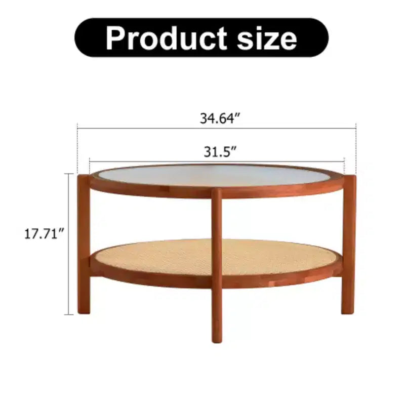 Modern minimalist circular double-layer solid wood coffee table, craft glass tabletop, second layer material: PE rattan, solid wood frame
