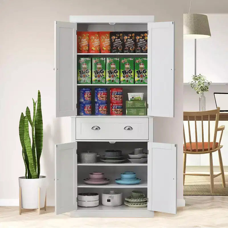 72 Kitchen Pantry Storage Cabinet, Freestanding Utility Cabinets with Doors, Drawer and 3 Adjustable Shelves, Buffet Pantries, White