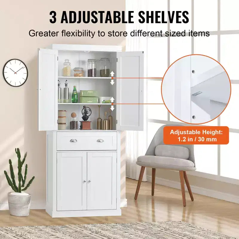 72 Kitchen Pantry Storage Cabinet, Freestanding Utility Cabinets with Doors, Drawer and 3 Adjustable Shelves, Buffet Pantries, White