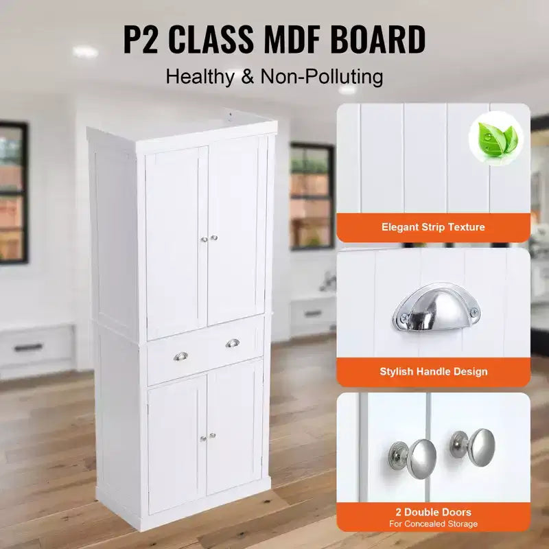 72 Kitchen Pantry Storage Cabinet, Freestanding Utility Cabinets with Doors, Drawer and 3 Adjustable Shelves, Buffet Pantries, White