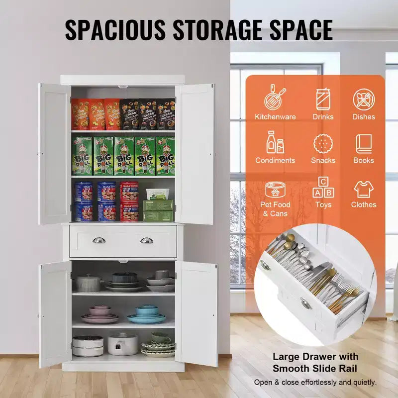 72 Kitchen Pantry Storage Cabinet, Freestanding Utility Cabinets with Doors, Drawer and 3 Adjustable Shelves, Buffet Pantries, White
