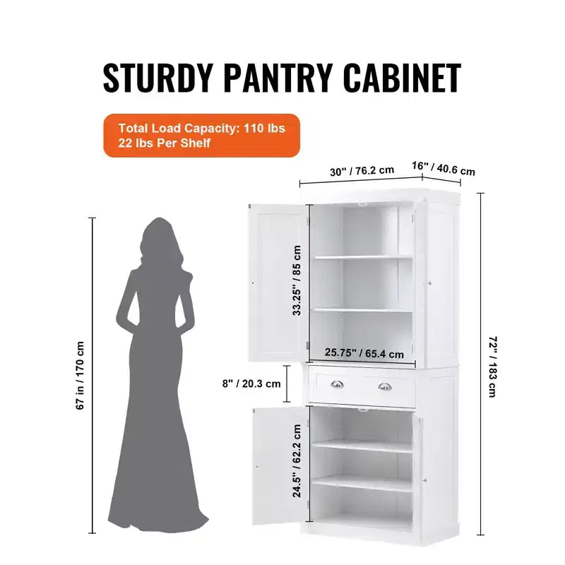 72 Kitchen Pantry Storage Cabinet, Freestanding Utility Cabinets with Doors, Drawer and 3 Adjustable Shelves, Buffet Pantries, White