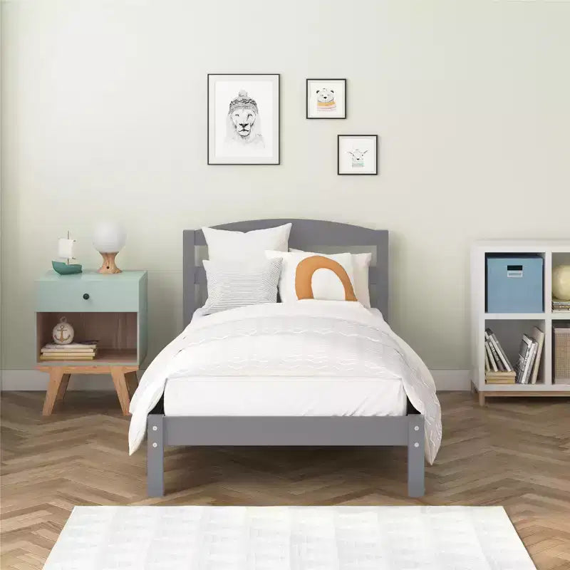 Wooden Platform Bed with Headboard, Twin, Gray