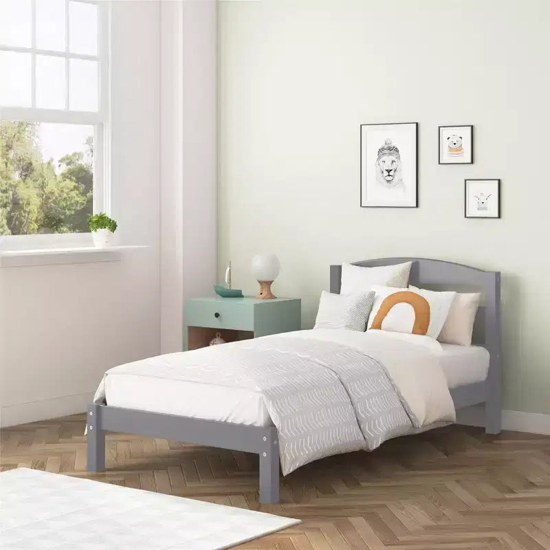 Wooden Platform Bed with Headboard, Twin, Gray