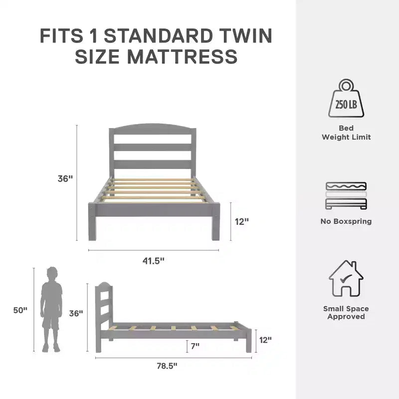 Wooden Platform Bed with Headboard, Twin, Gray