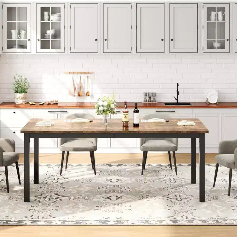 71 Inch Industrial Dining Table, Large Rectangle Kitchen Table with Metal Legs, Round Corners, Wooden Conference Tables Writing Desk for Dining Room