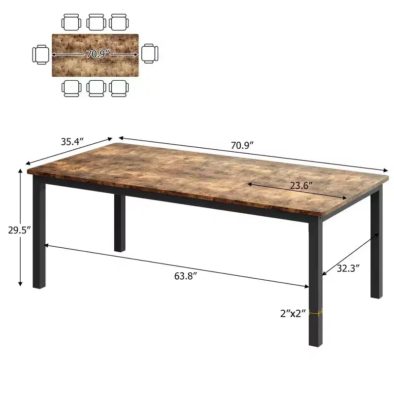 71 Inch Industrial Dining Table, Large Rectangle Kitchen Table with Metal Legs, Round Corners, Wooden Conference Tables Writing Desk for Dining Room