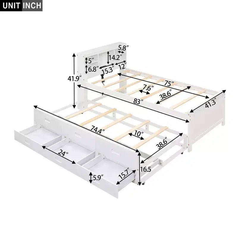 Platform Bed with Storage Headboard, USB, Twin Size Trundle and 3 Drawers