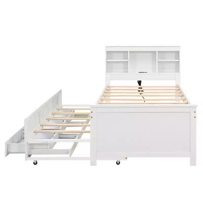 Platform Bed with Storage Headboard, USB, Twin Size Trundle and 3 Drawers