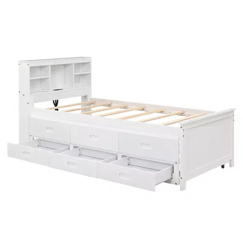 Platform Bed with Storage Headboard, USB, Twin Size Trundle and 3 Drawers