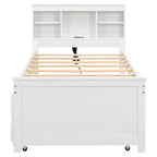 Letto con base rialzata e testiera contenitore, USB, letto estraibile singolo e 3 cassetti